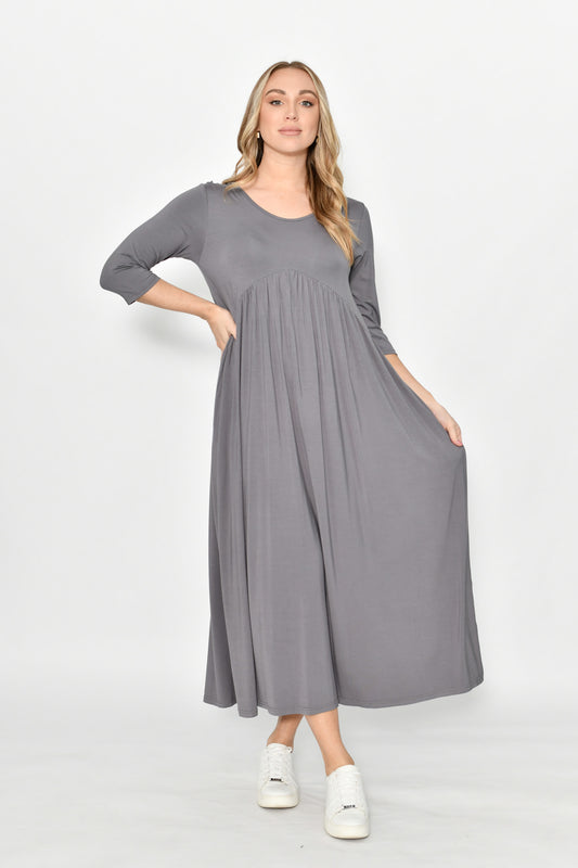 Cali & Co Draped Jersey Maxi Dress with Side Pockets - Charcoal