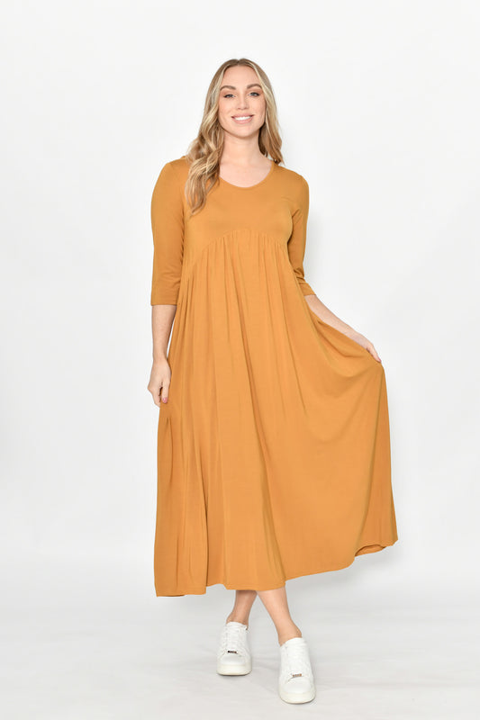 Cali & Co Draped Jersey Maxi Dress with Side Pockets - Mustard